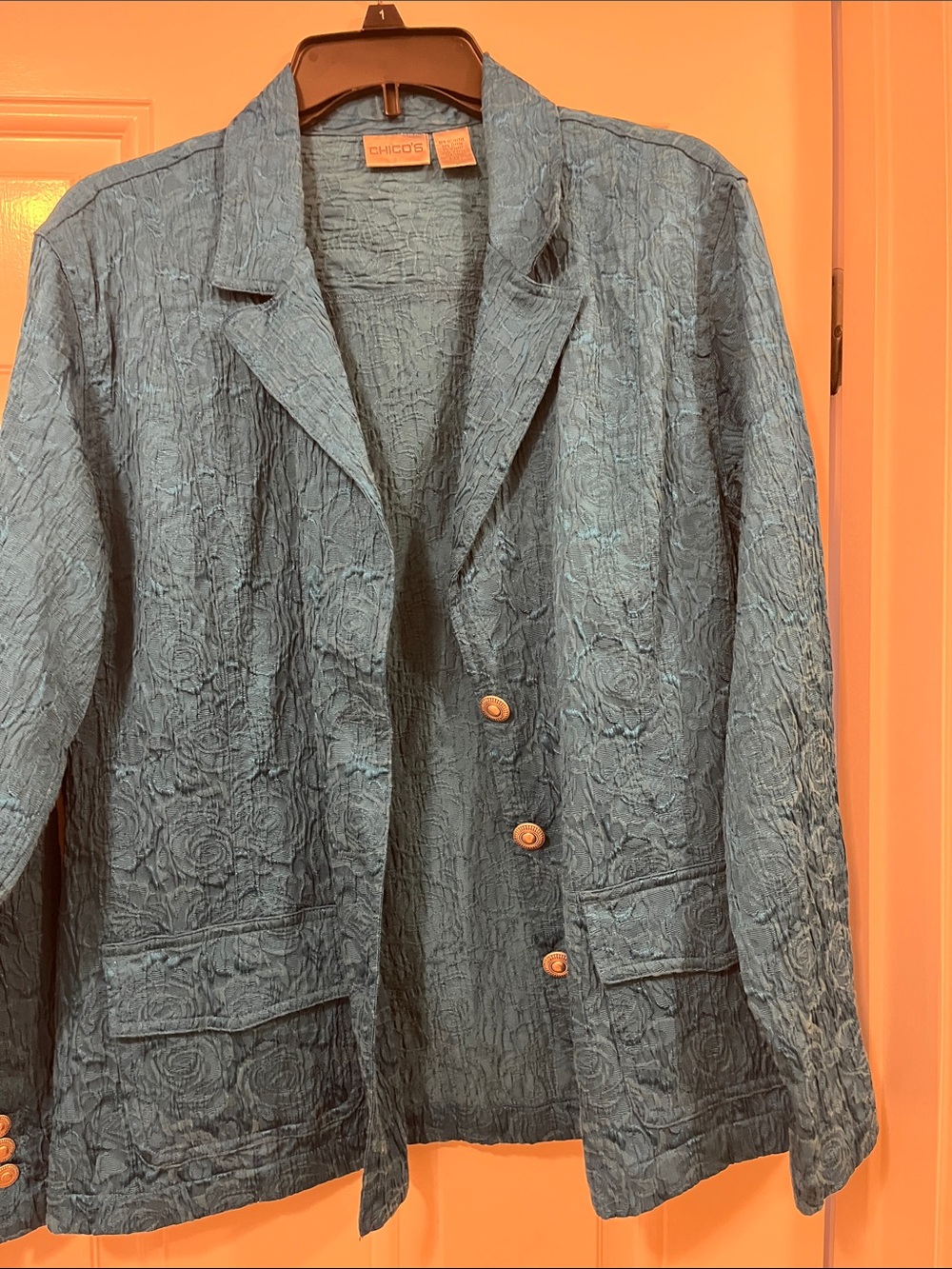Chico's Teal Floral Jacquard Blazer Jacket